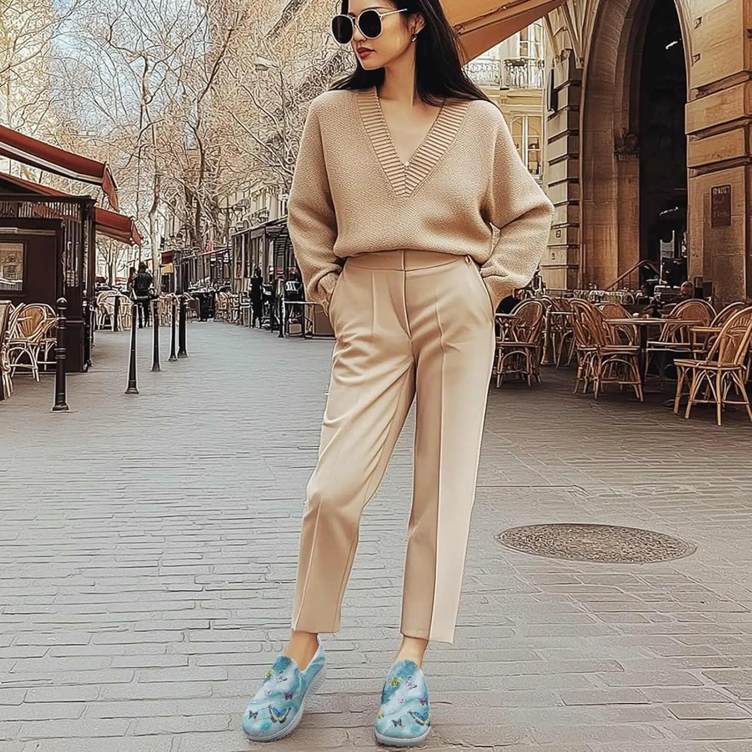 Howilath Butterfly Print Slip on Sneakers Women Platform Shoes Anti-Skid Jogging Sneakers Rocking Bottom Loafers