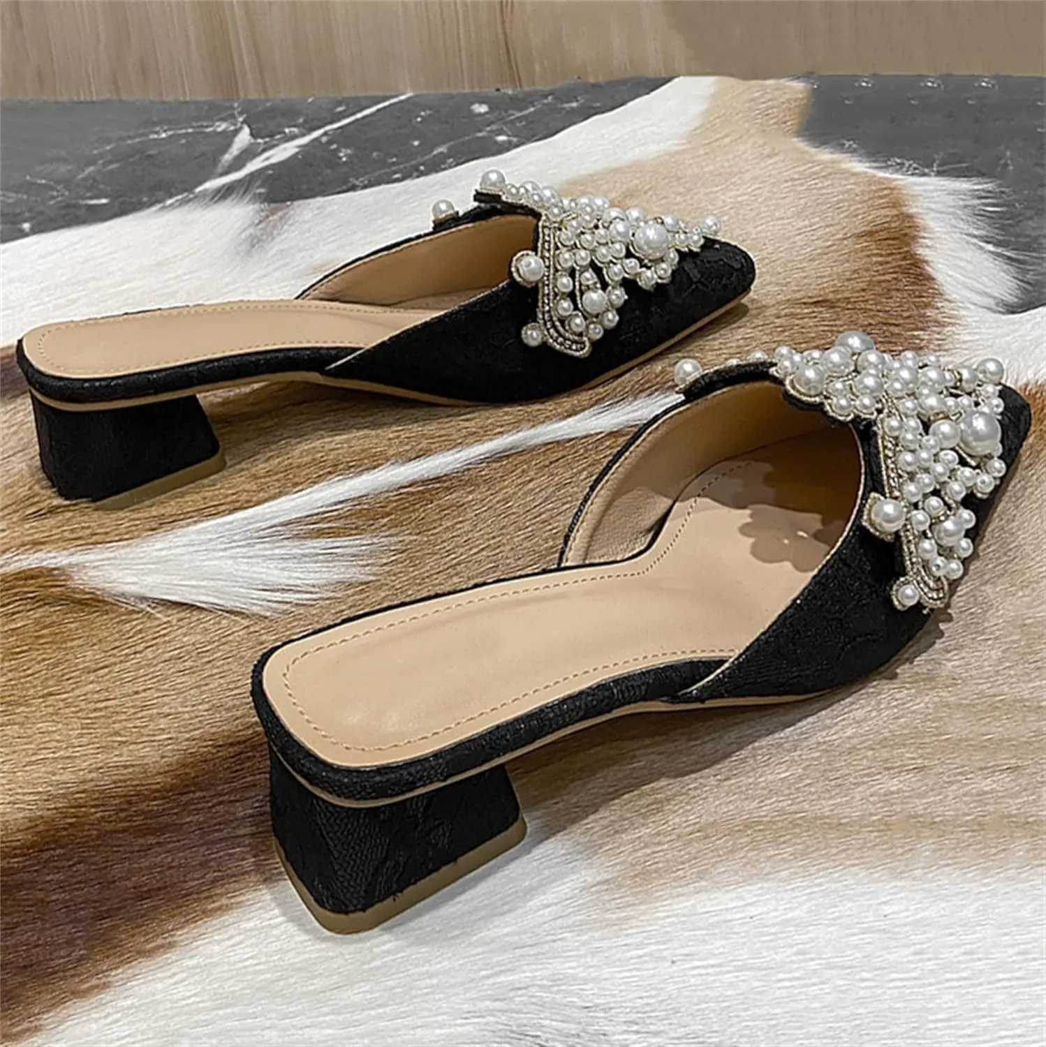 HuangTaiJi Qing Women's Closed Square Toe Backless Low Heeled Mule Slippers Casual Loafers Slip on Flat Shoes