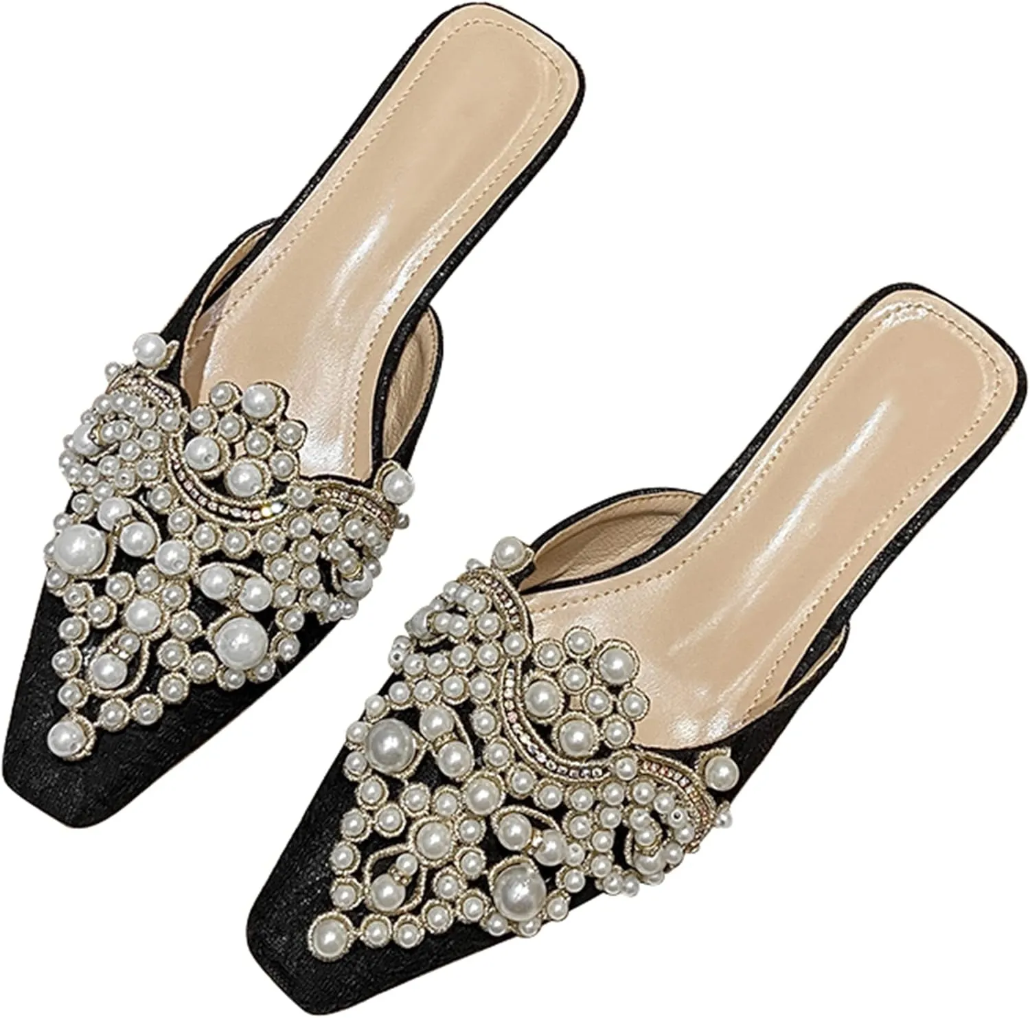 HuangTaiJi Qing Women's Closed Square Toe Backless Low Heeled Mule Slippers Casual Loafers Slip on Flat Shoes