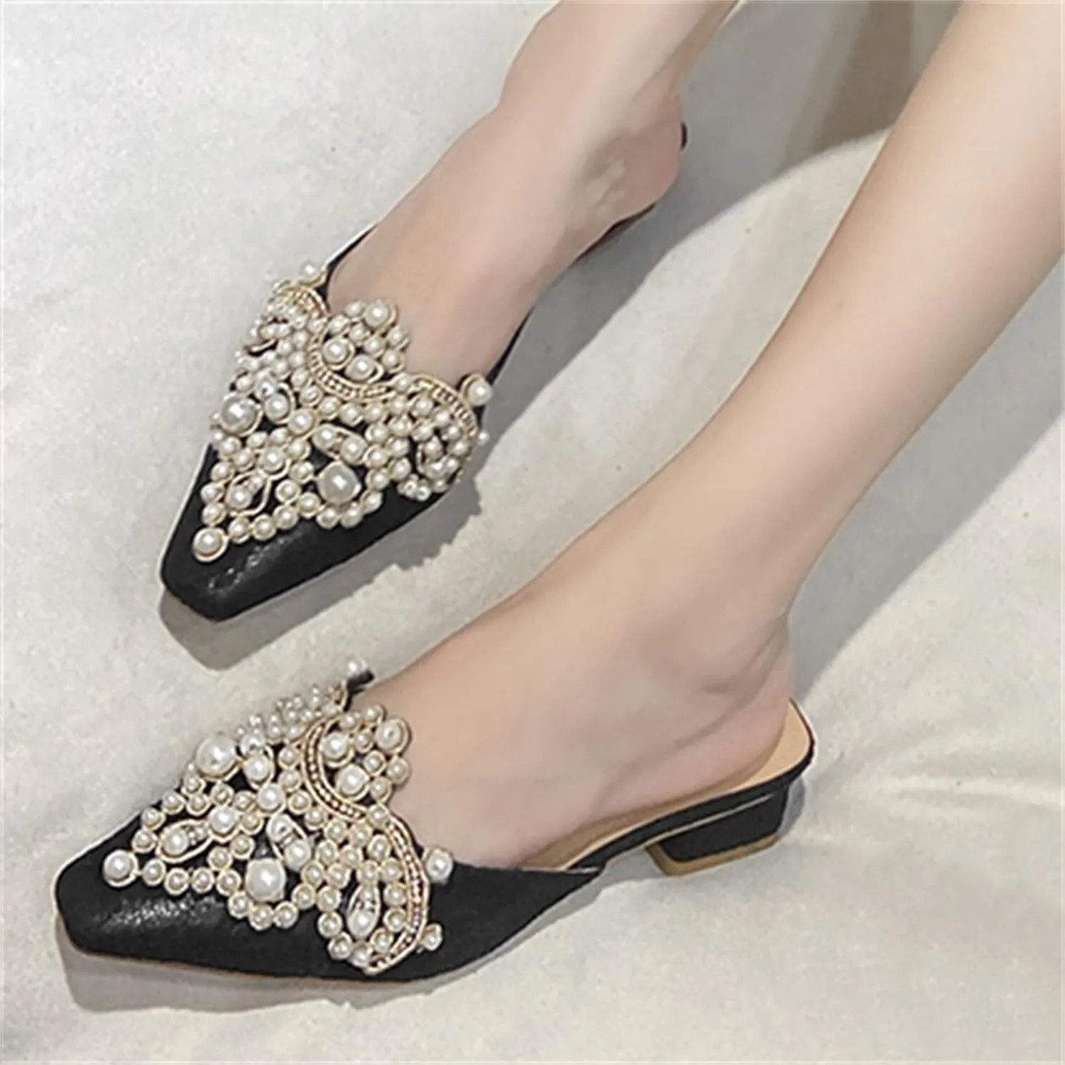 HuangTaiJi Qing Women's Closed Square Toe Backless Low Heeled Mule Slippers Casual Loafers Slip on Flat Shoes