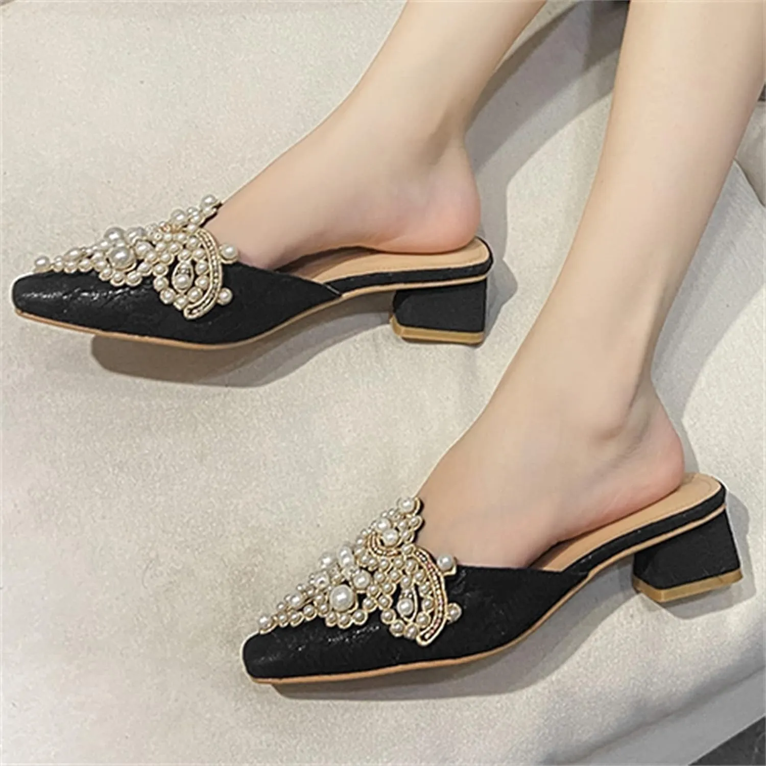 HuangTaiJi Qing Women's Closed Square Toe Backless Low Heeled Mule Slippers Casual Loafers Slip on Flat Shoes