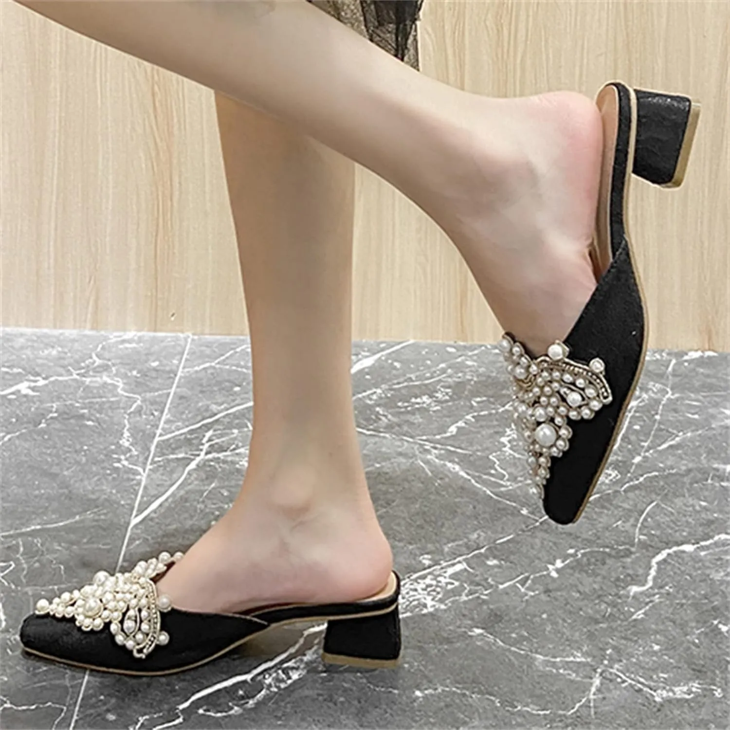 HuangTaiJi Qing Women's Closed Square Toe Backless Low Heeled Mule Slippers Casual Loafers Slip on Flat Shoes