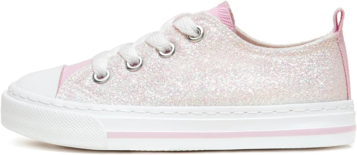 HugRain Little Girls Kids Classic Sparkle Low Top Lace Up Sneakers Walking Shoes