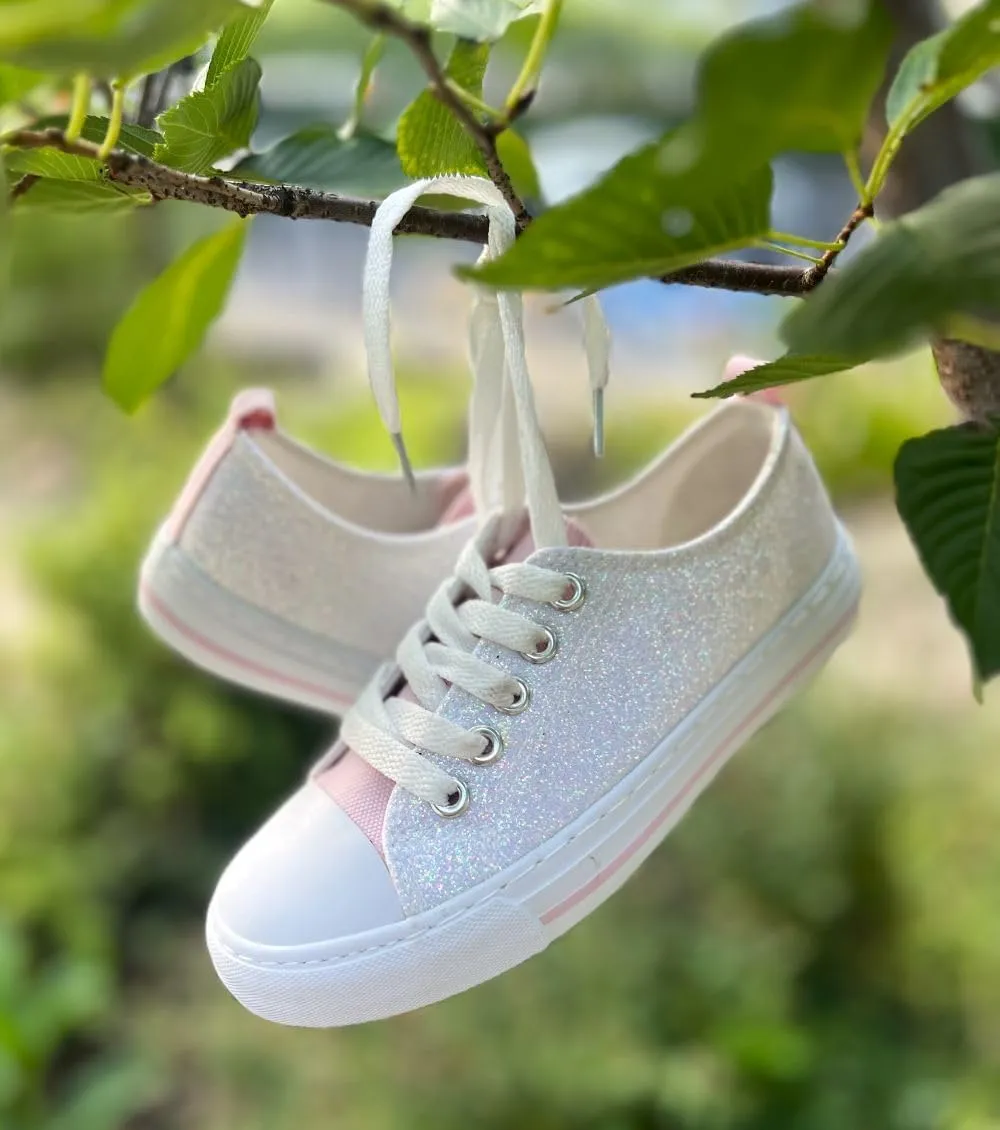 HugRain Little Girls Kids Classic Sparkle Low Top Lace Up Sneakers Walking Shoes