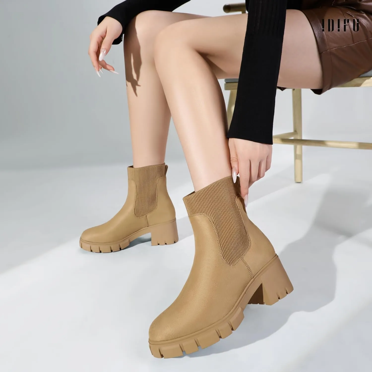 IDIFU IN2 Chelsea Boots Elastic Ankle Boots for Women Platform Lug Sole Women's Boots Round Toe Low Chunky Block Heeled Booties Work Dress Fashion Casual Comfortable Slip on Short Boots