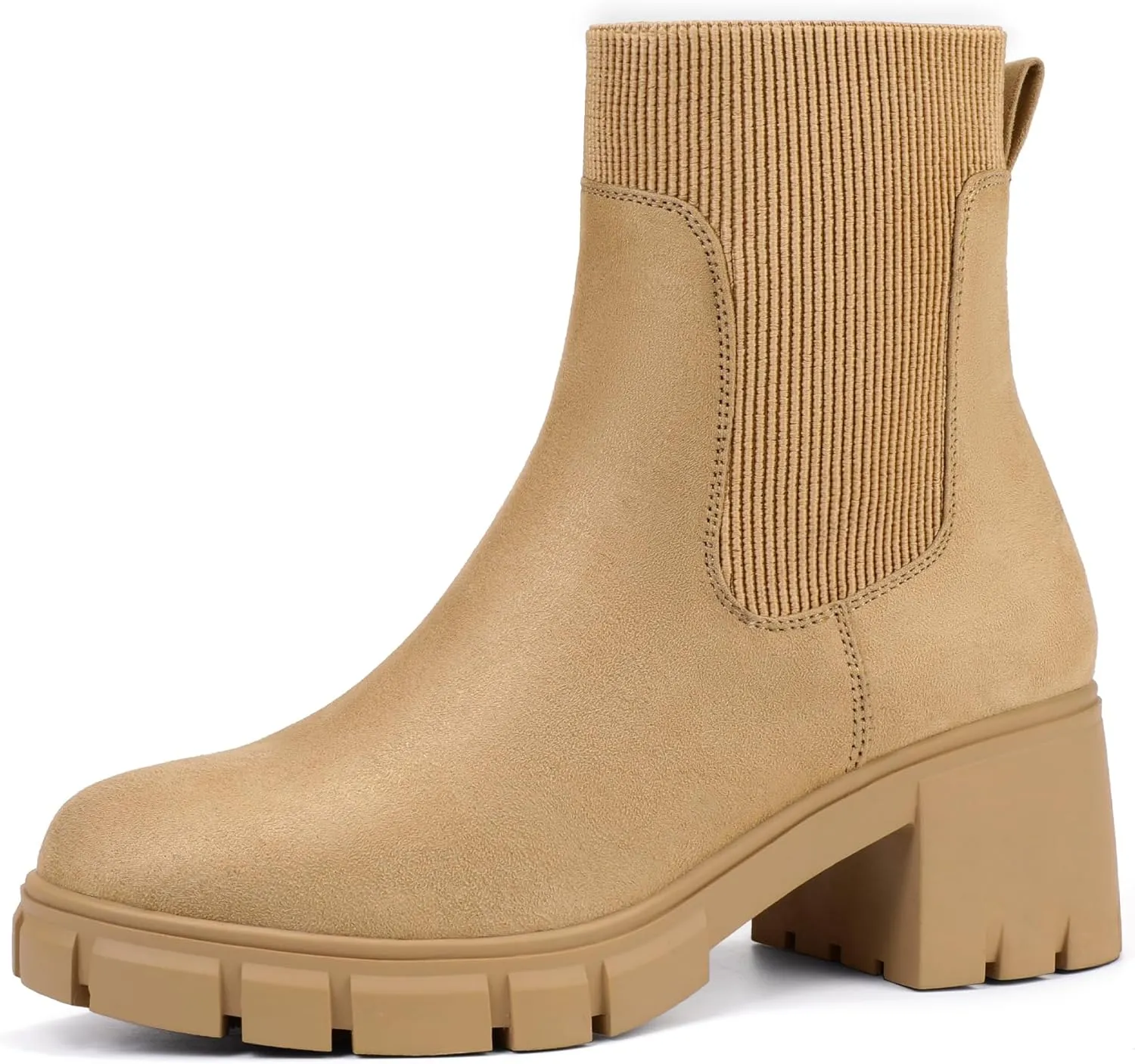 IDIFU IN2 Chelsea Boots Elastic Ankle Boots for Women Platform Lug Sole Women's Boots Round Toe Low Chunky Block Heeled Booties Work Dress Fashion Casual Comfortable Slip on Short Boots
