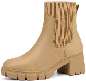 IDIFU IN2 Chelsea Boots Elastic Ankle Boots for Women Platform Lug Sole Women's Boots Round Toe Low Chunky Block Heeled Booties Work Dress Fashion Casual Comfortable Slip on Short Boots