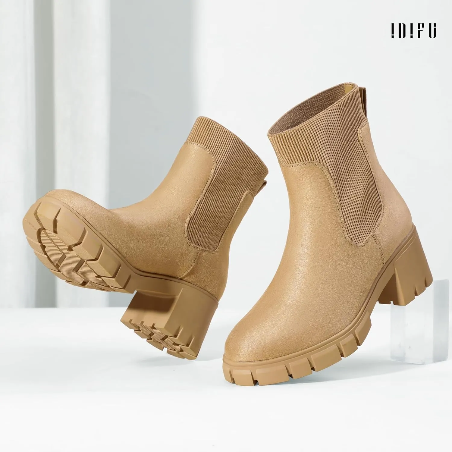 IDIFU IN2 Chelsea Boots Elastic Ankle Boots for Women Platform Lug Sole Women's Boots Round Toe Low Chunky Block Heeled Booties Work Dress Fashion Casual Comfortable Slip on Short Boots