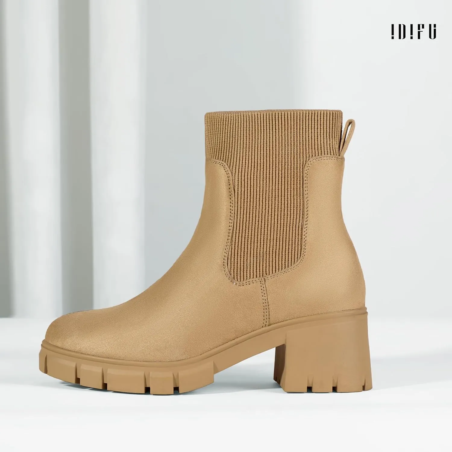 IDIFU IN2 Chelsea Boots Elastic Ankle Boots for Women Platform Lug Sole Women's Boots Round Toe Low Chunky Block Heeled Booties Work Dress Fashion Casual Comfortable Slip on Short Boots