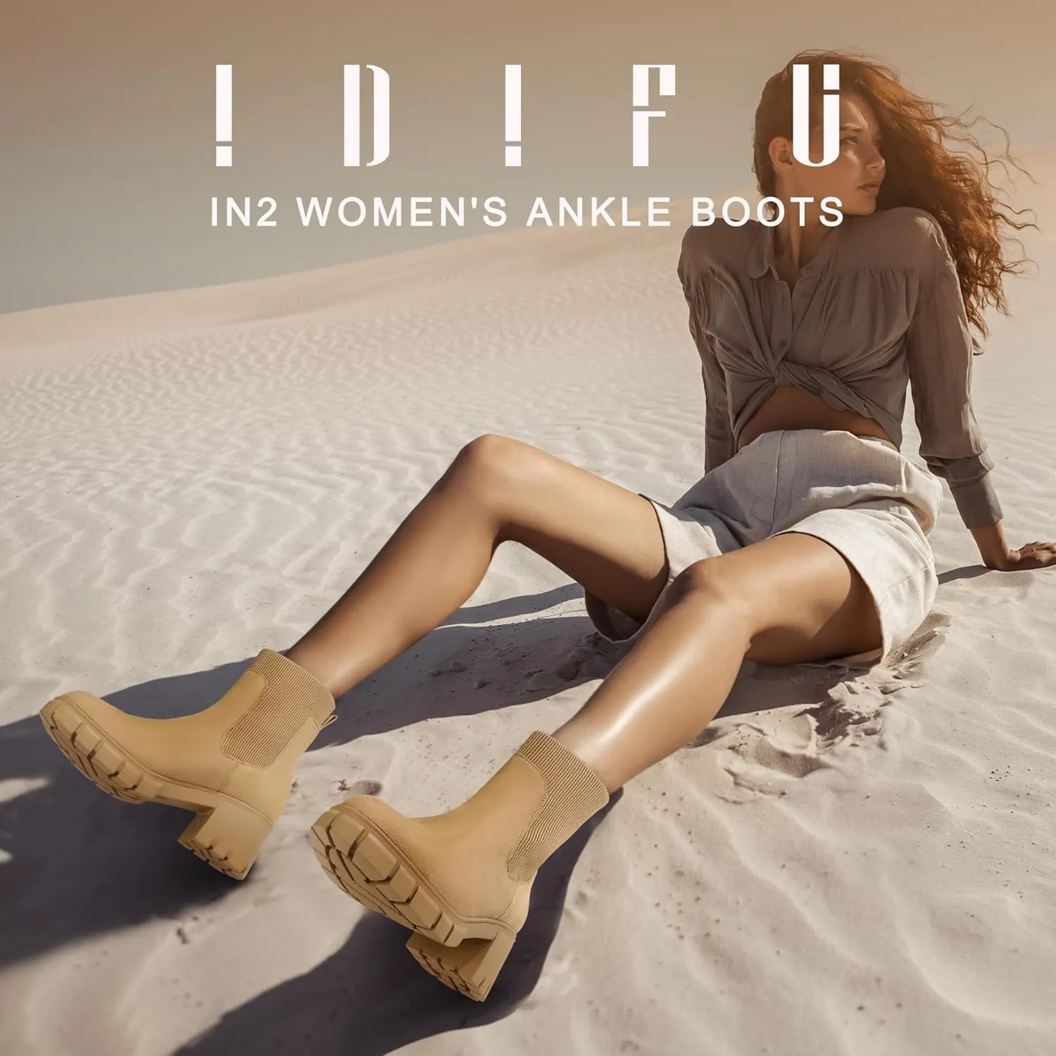IDIFU IN2 Chelsea Boots Elastic Ankle Boots for Women Platform Lug Sole Women's Boots Round Toe Low Chunky Block Heeled Booties Work Dress Fashion Casual Comfortable Slip on Short Boots
