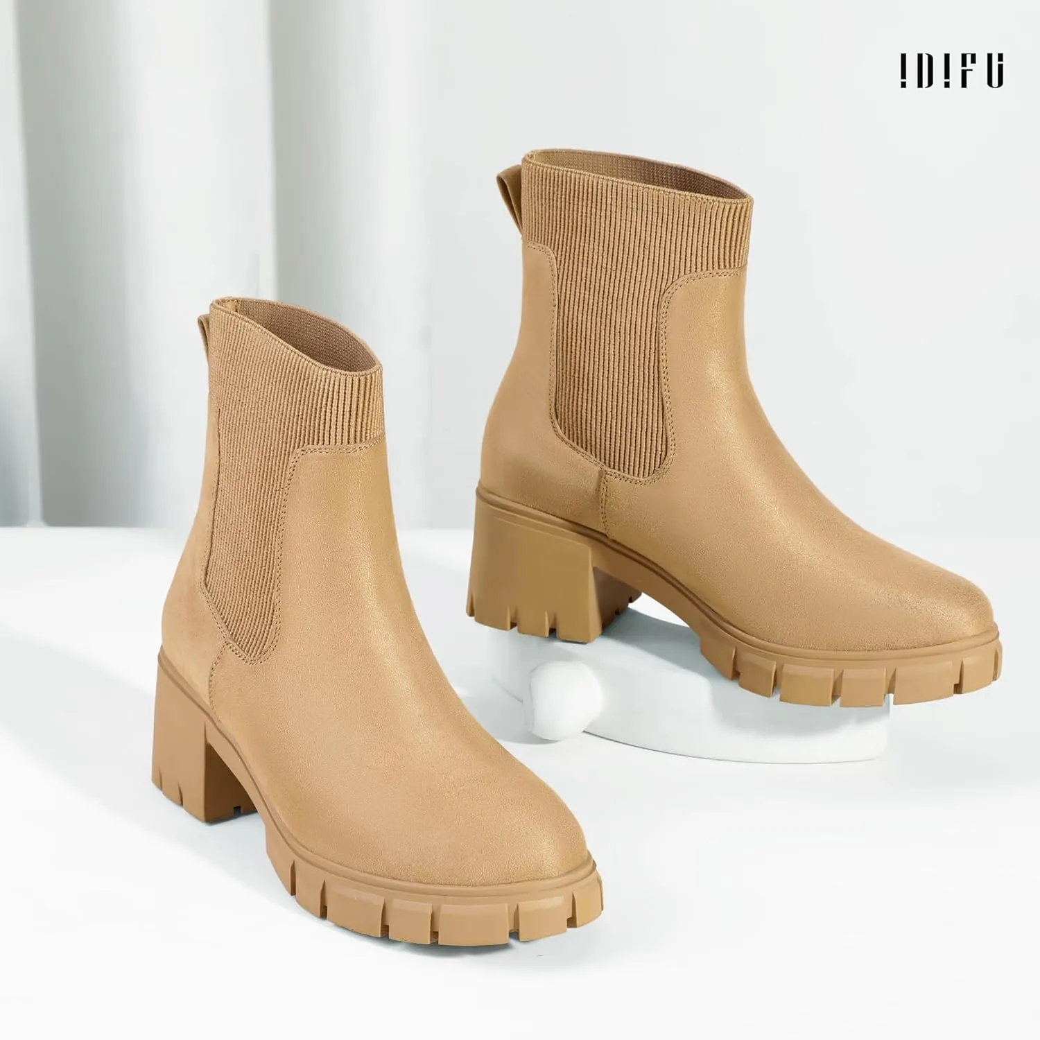 IDIFU IN2 Chelsea Boots Elastic Ankle Boots for Women Platform Lug Sole Women's Boots Round Toe Low Chunky Block Heeled Booties Work Dress Fashion Casual Comfortable Slip on Short Boots