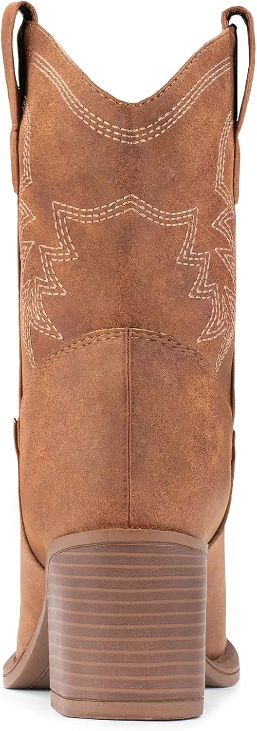 IXU Cowboy Boots for Women Ankle Cowgirl Booties Wide Mid Calf Pointed Toe Western Boots Short Chunky Classic Booties