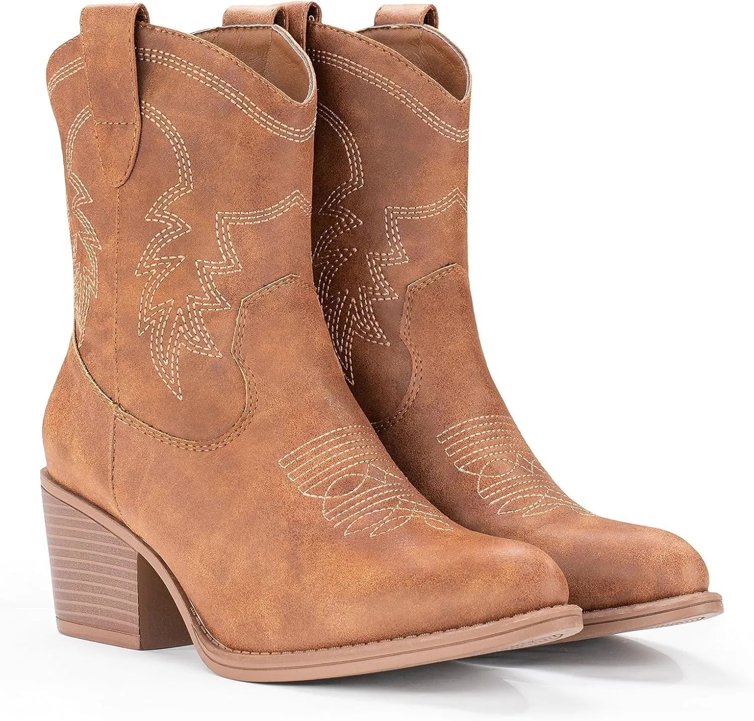 IXU Cowboy Boots for Women Ankle Cowgirl Booties Wide Mid Calf Pointed Toe Western Boots Short Chunky Classic Booties