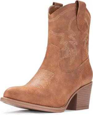IXU Cowboy Boots for Women Ankle Cowgirl Booties Wide Mid Calf Pointed Toe Western Boots Short Chunky Classic Booties