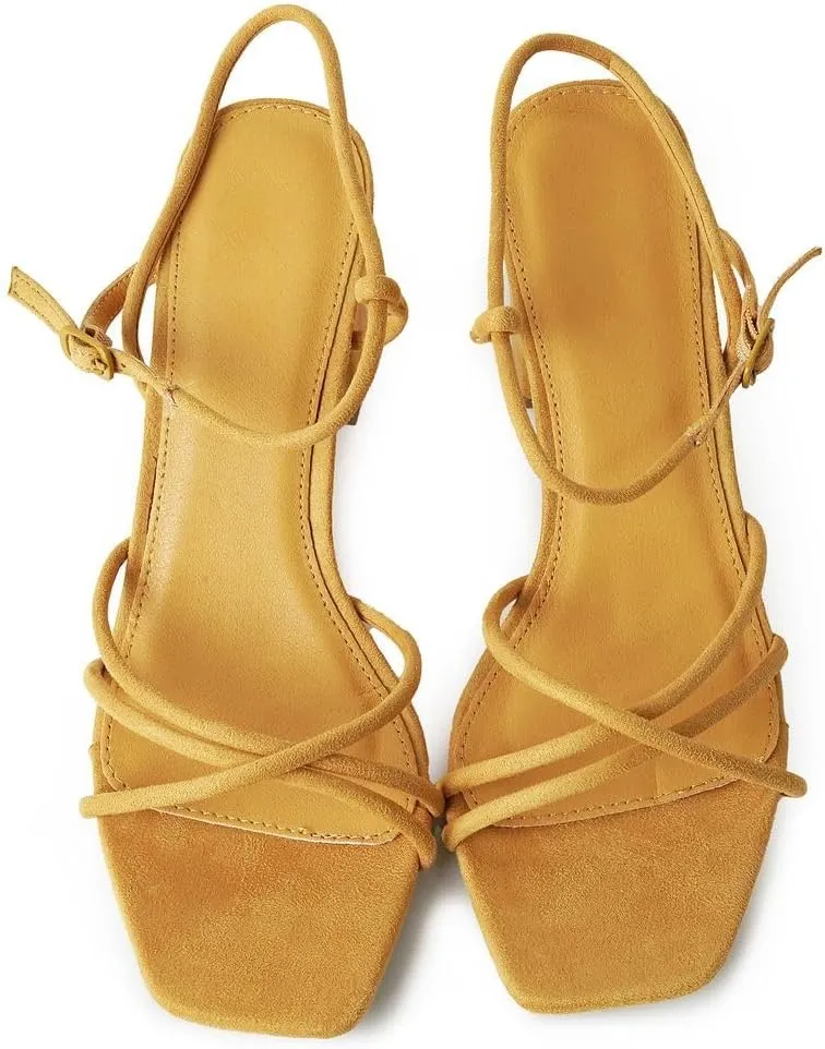 J. Adams Camila Sandals for Women - Square Open Toe Strappy Mid Block Heels