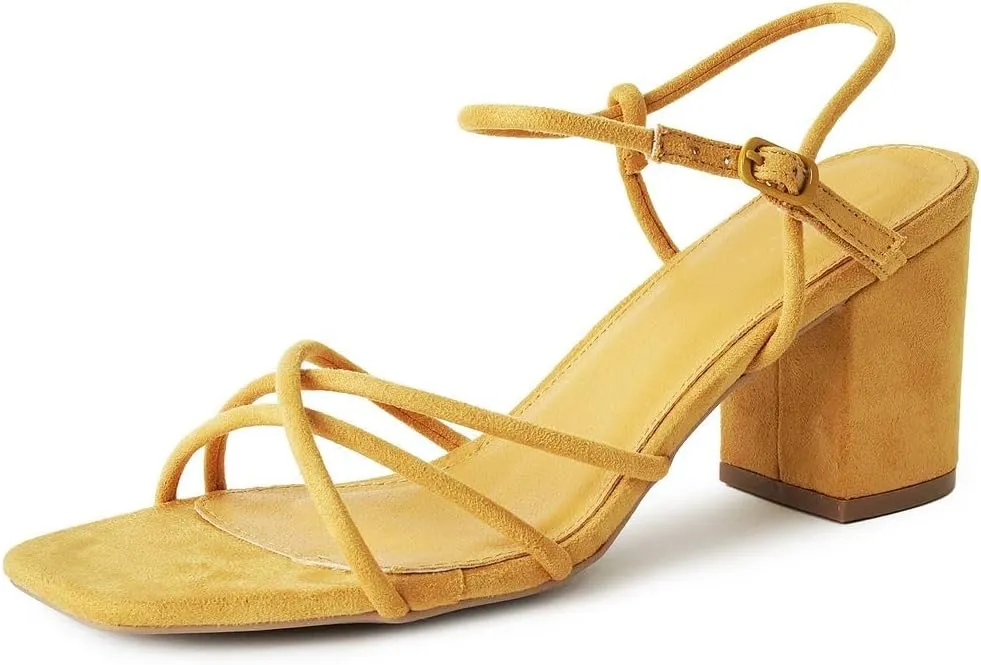 J. Adams Camila Sandals for Women - Square Open Toe Strappy Mid Block Heels