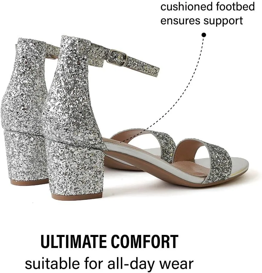 J. Adams Daisy Heeled Sandals - Ankle Strap Low Block, Open Toe Dress Pumps, Chunky Heels - Dressy Shoes for Women - Bridal, Wedding, Summer Sandals