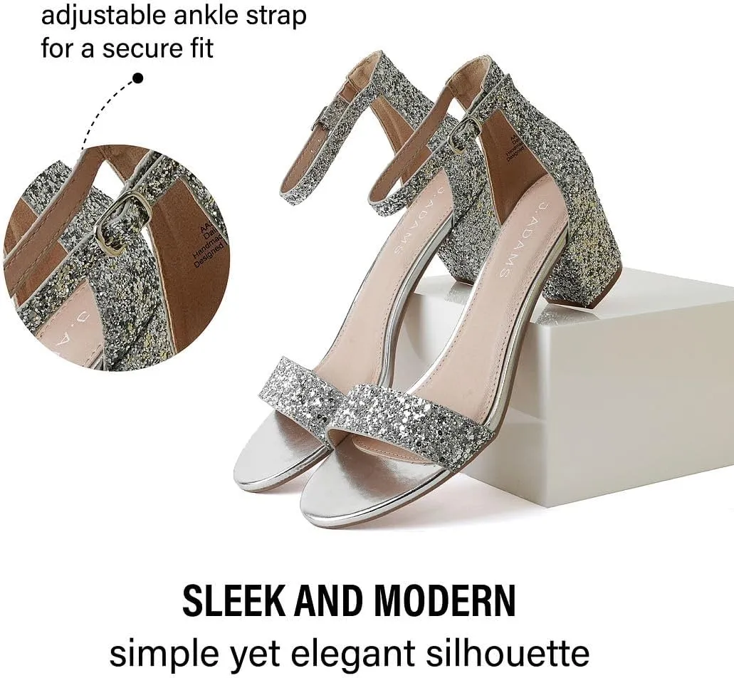 J. Adams Daisy Heeled Sandals - Ankle Strap Low Block, Open Toe Dress Pumps, Chunky Heels - Dressy Shoes for Women - Bridal, Wedding, Summer Sandals