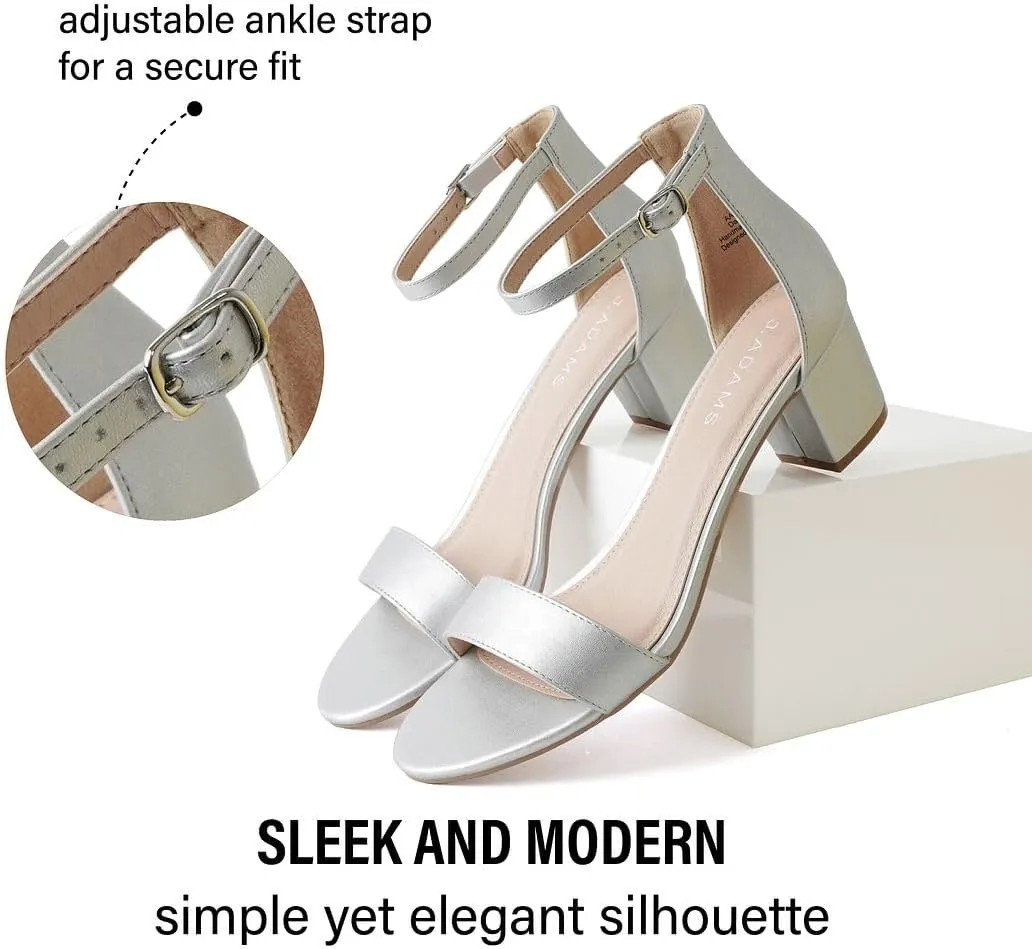 J. Adams Daisy Heeled Sandals - Ankle Strap Low Block, Open Toe Dress Pumps, Chunky Heels - Dressy Shoes for Women - Bridal, Wedding, Summer Sandals