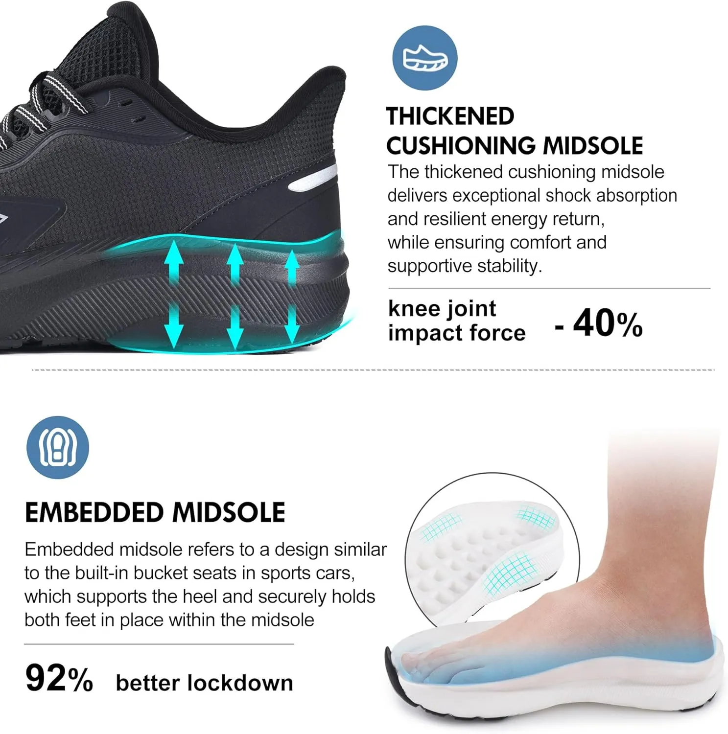 JACKSHIBO Mens Slip in Hands Free Shoes Wide Toe Box Slip On Walking Running Tennis Athletic Sneakers Arch Support Plantar Fasciitis Orthopedic Shoes with Metatarsal Pads Cushion Thick Zero Drop Sole