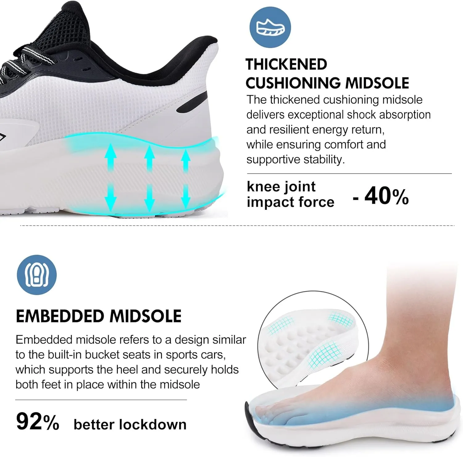 JACKSHIBO Mens Slip in Hands Free Shoes Wide Toe Box Slip On Walking Running Tennis Athletic Sneakers Arch Support Plantar Fasciitis Orthopedic Shoes with Metatarsal Pads Cushion Thick Zero Drop Sole