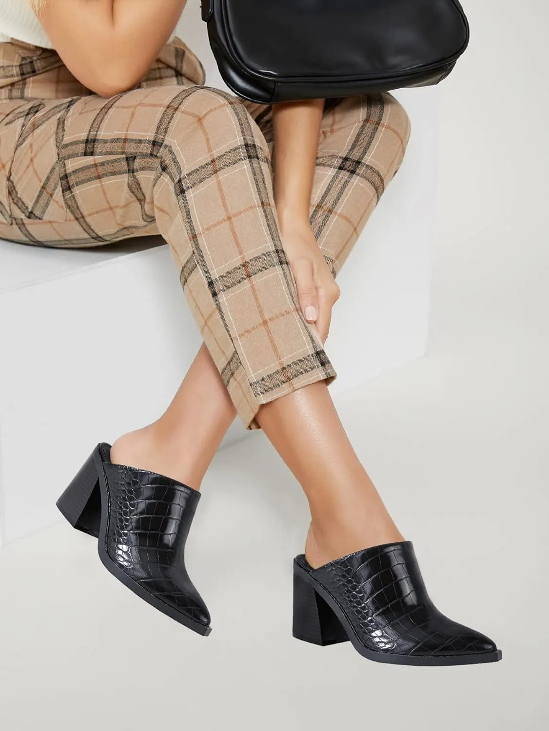 JeimPoey Womens Mules Pumps Point Closed Toe Slip-on Heels Stacked Chunky Block Heel Backless Clogs
