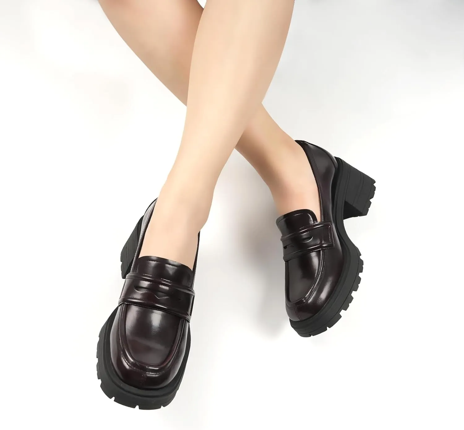 JENN ARDOR Chunky Block Heel Loafers for Women Closed Round Toe Platform Pumps Slip On Dress Shoes Wedding Party Office Lady Shoes