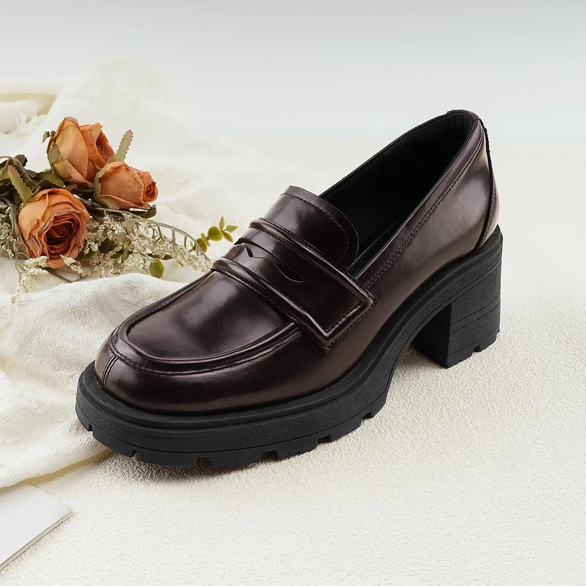 JENN ARDOR Chunky Block Heel Loafers for Women Closed Round Toe Platform Pumps Slip On Dress Shoes Wedding Party Office Lady Shoes