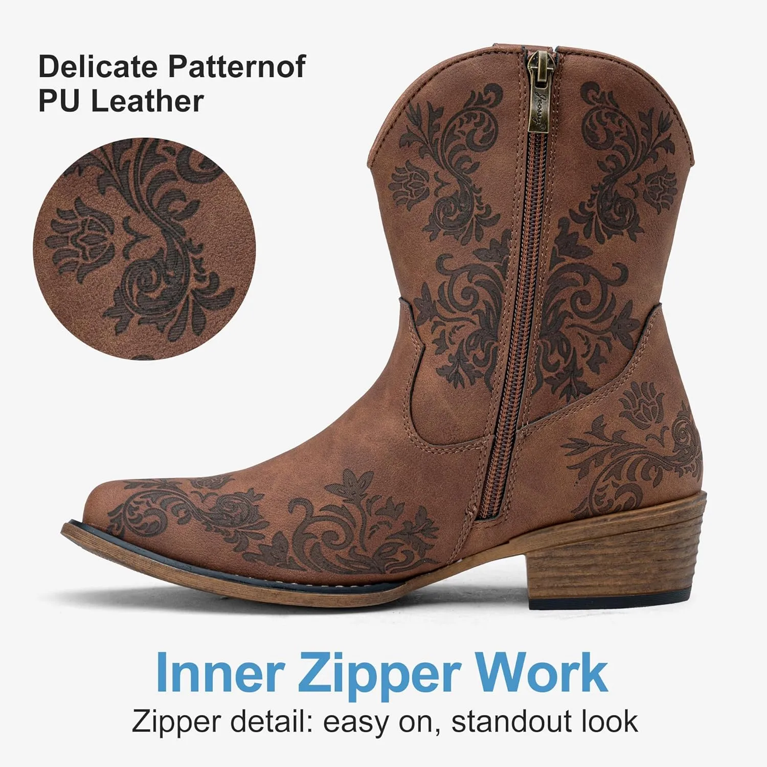 Jeossy Women's Cowboy Boots Short Cowgirl Ankle Boots Western 9805 Booties Square Toe with Zipper