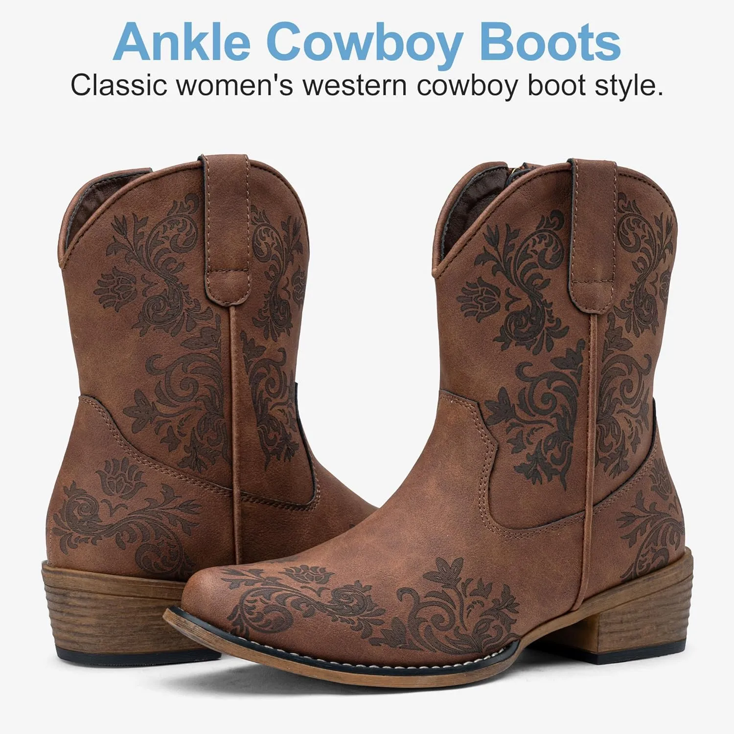 Jeossy Women's Cowboy Boots Short Cowgirl Ankle Boots Western 9805 Booties Square Toe with Zipper