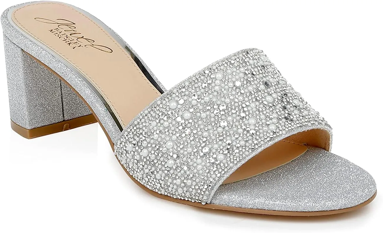 Jewel Badgley Mischka Della Glitter Block Heel Mules