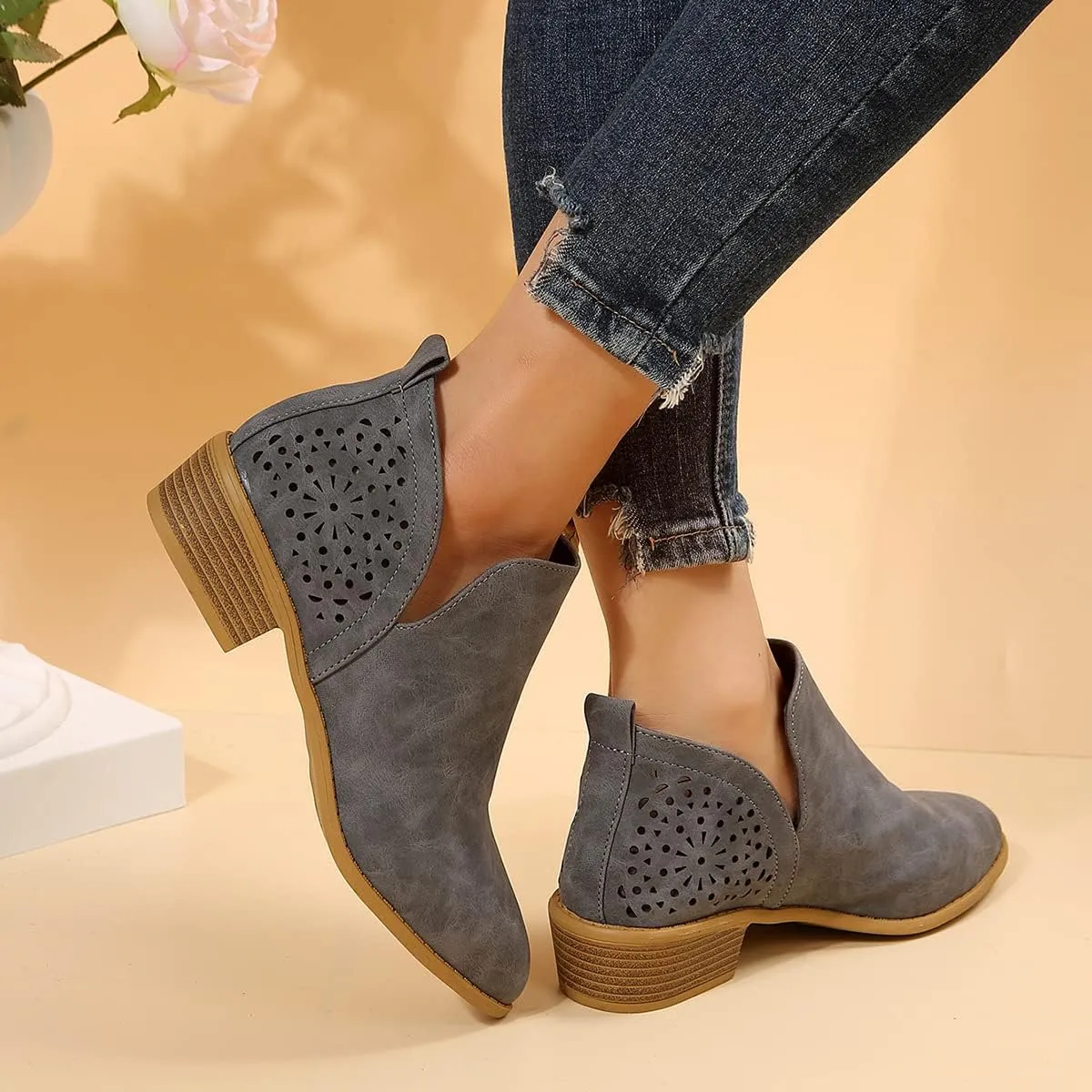JITUUE Ankle Boots for women Casual Cut Out Slip On Low Heel Short Chunky Stacked Heel Perforated Side V Cut Western Booties Cutout Shoes