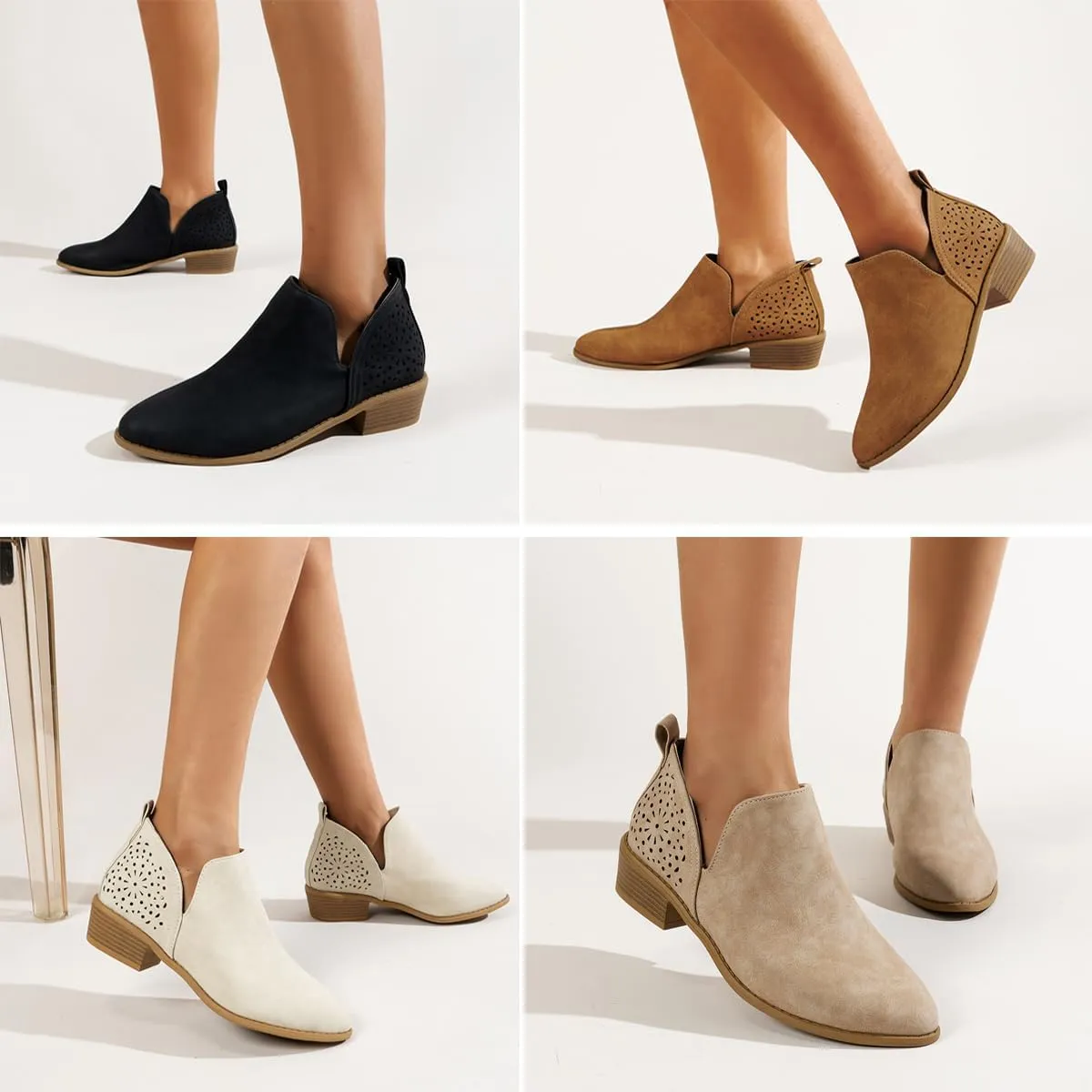 JITUUE Ankle Boots for women Casual Cut Out Slip On Low Heel Short Chunky Stacked Heel Perforated Side V Cut Western Booties Cutout Shoes