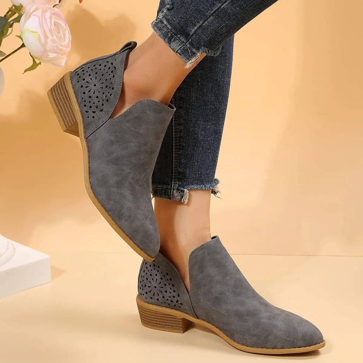 JITUUE Ankle Boots for women Casual Cut Out Slip On Low Heel Short Chunky Stacked Heel Perforated Side V Cut Western Booties Cutout Shoes