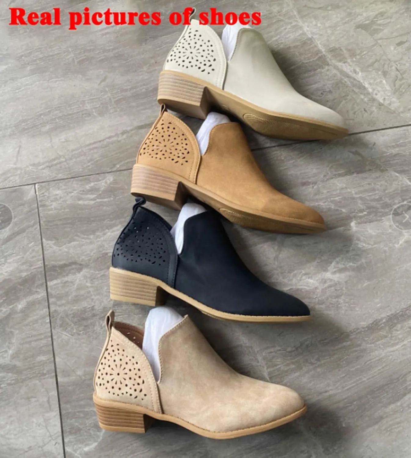 JITUUE Ankle Boots for women Casual Cut Out Slip On Low Heel Short Chunky Stacked Heel Perforated Side V Cut Western Booties Cutout Shoes