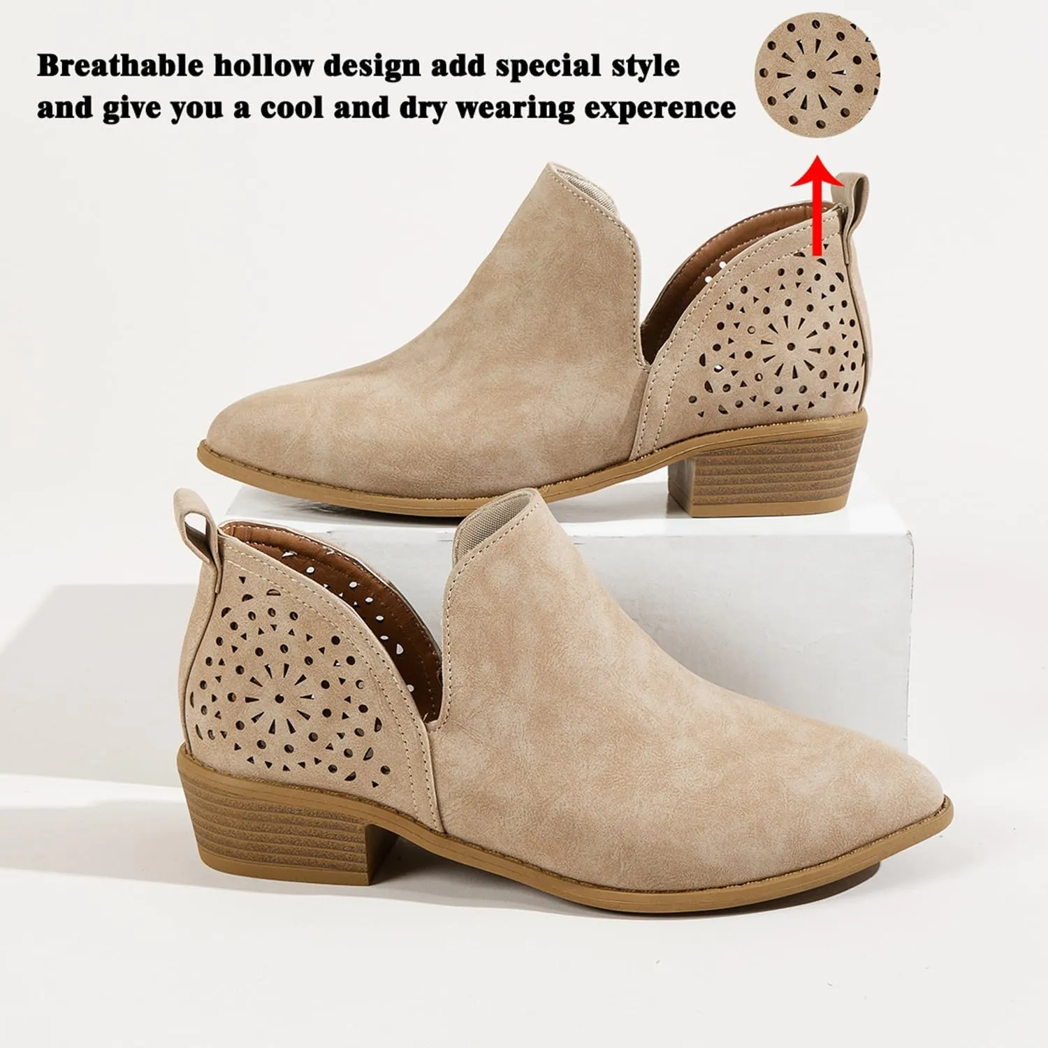 JITUUE Ankle Boots for women Casual Cut Out Slip On Low Heel Short Chunky Stacked Heel Perforated Side V Cut Western Booties Cutout Shoes