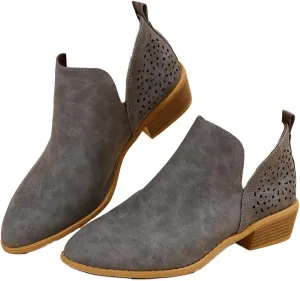 JITUUE Ankle Boots for women Casual Cut Out Slip On Low Heel Short Chunky Stacked Heel Perforated Side V Cut Western Booties Cutout Shoes