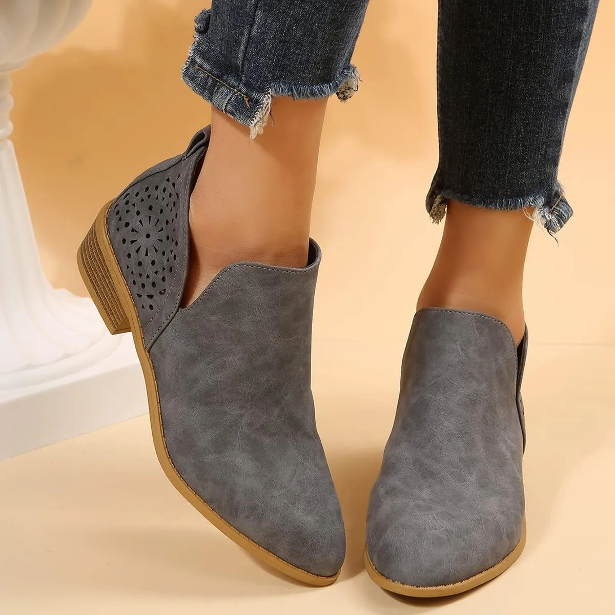 JITUUE Ankle Boots for women Casual Cut Out Slip On Low Heel Short Chunky Stacked Heel Perforated Side V Cut Western Booties Cutout Shoes