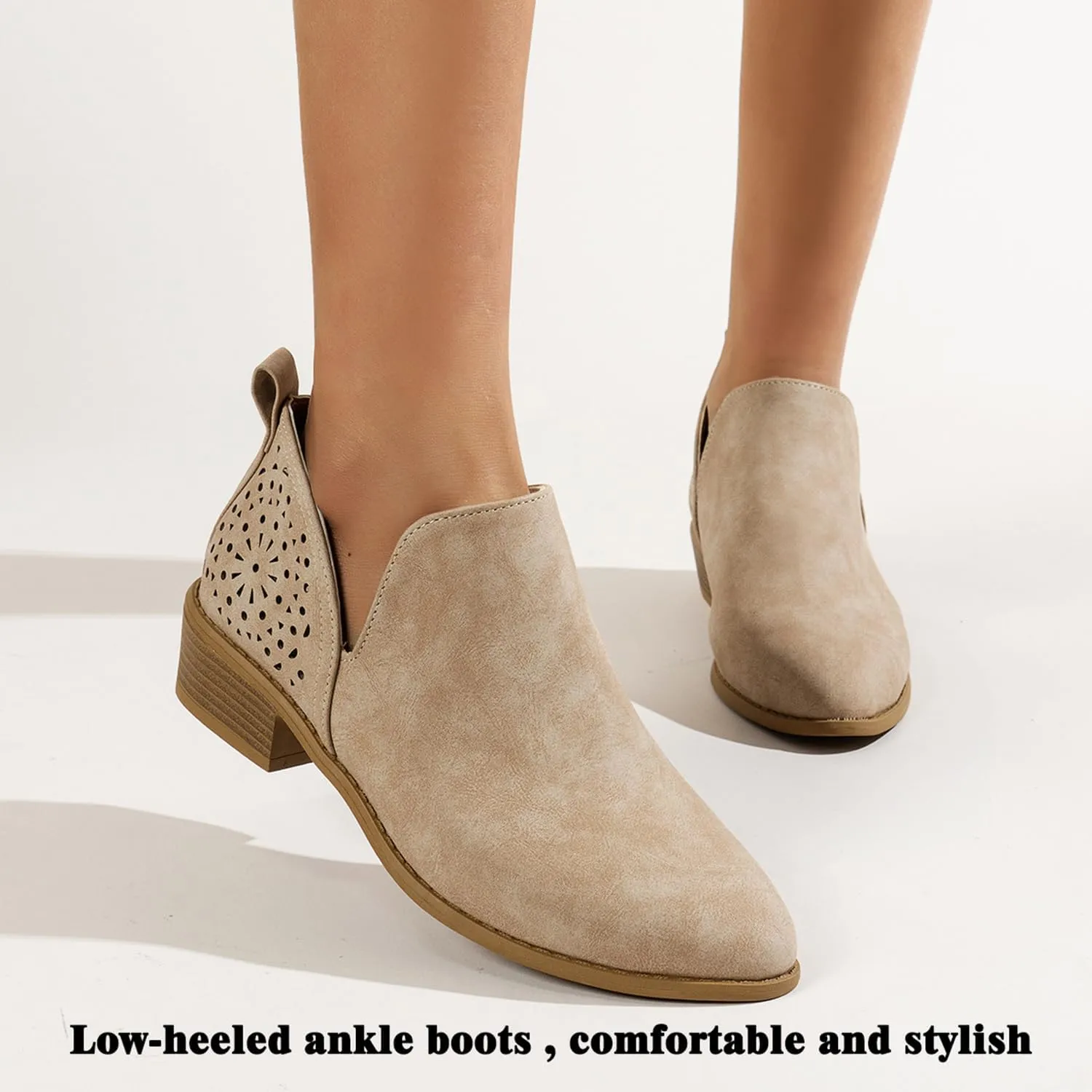 JITUUE Ankle Boots for women Casual Cut Out Slip On Low Heel Short Chunky Stacked Heel Perforated Side V Cut Western Booties Cutout Shoes
