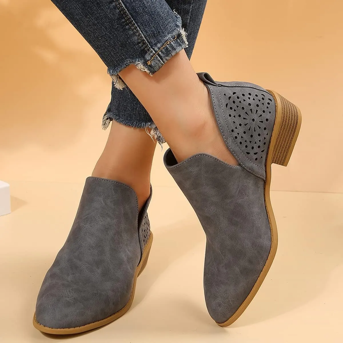 JITUUE Ankle Boots for women Casual Cut Out Slip On Low Heel Short Chunky Stacked Heel Perforated Side V Cut Western Booties Cutout Shoes