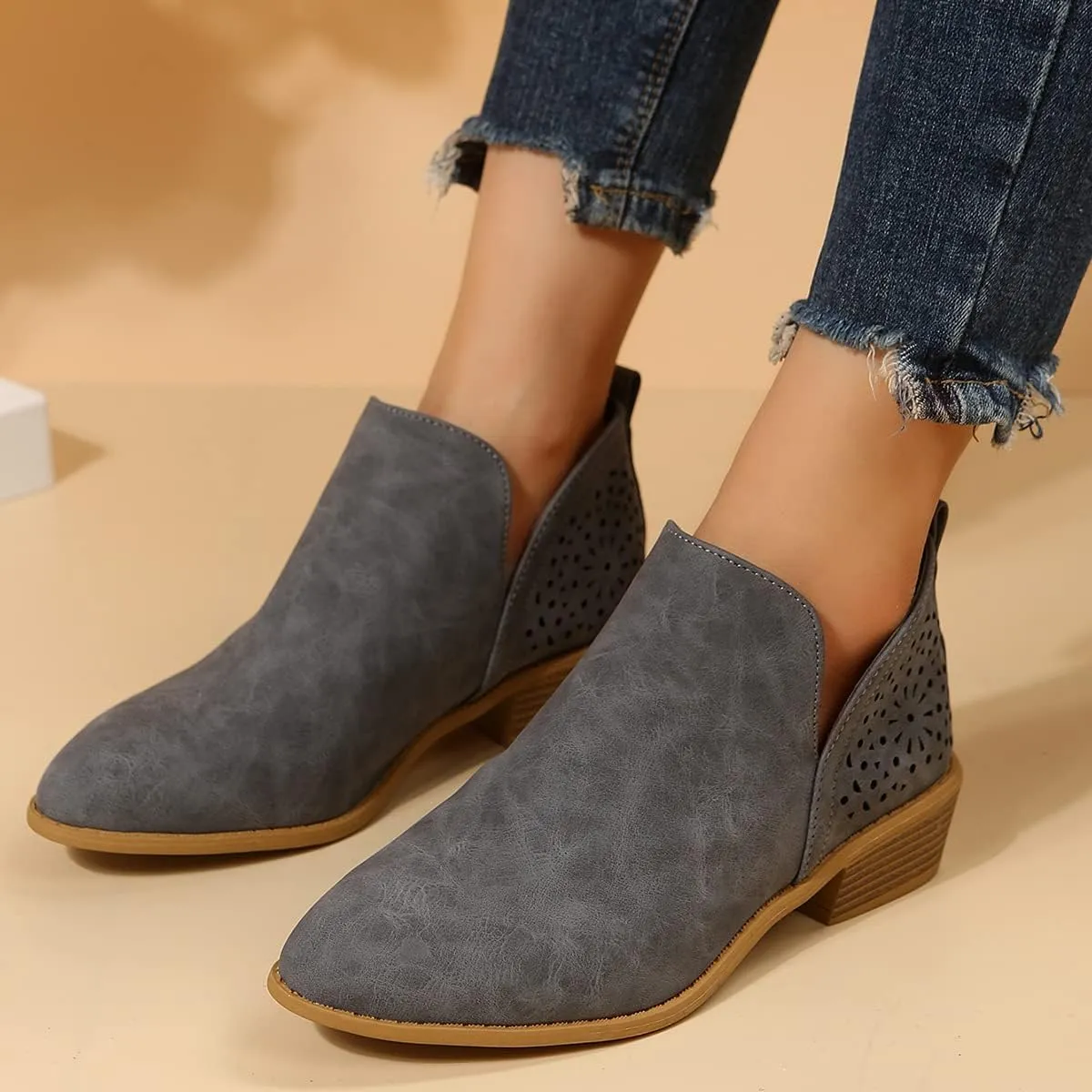 JITUUE Ankle Boots for women Casual Cut Out Slip On Low Heel Short Chunky Stacked Heel Perforated Side V Cut Western Booties Cutout Shoes