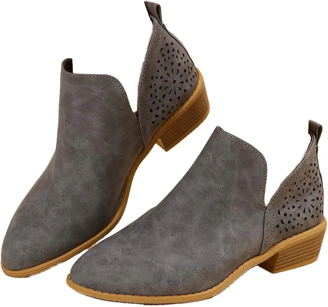 JITUUE Ankle Boots for women Casual Cut Out Slip On Low Heel Short Chunky Stacked Heel Perforated Side V Cut Western Booties Cutout Shoes