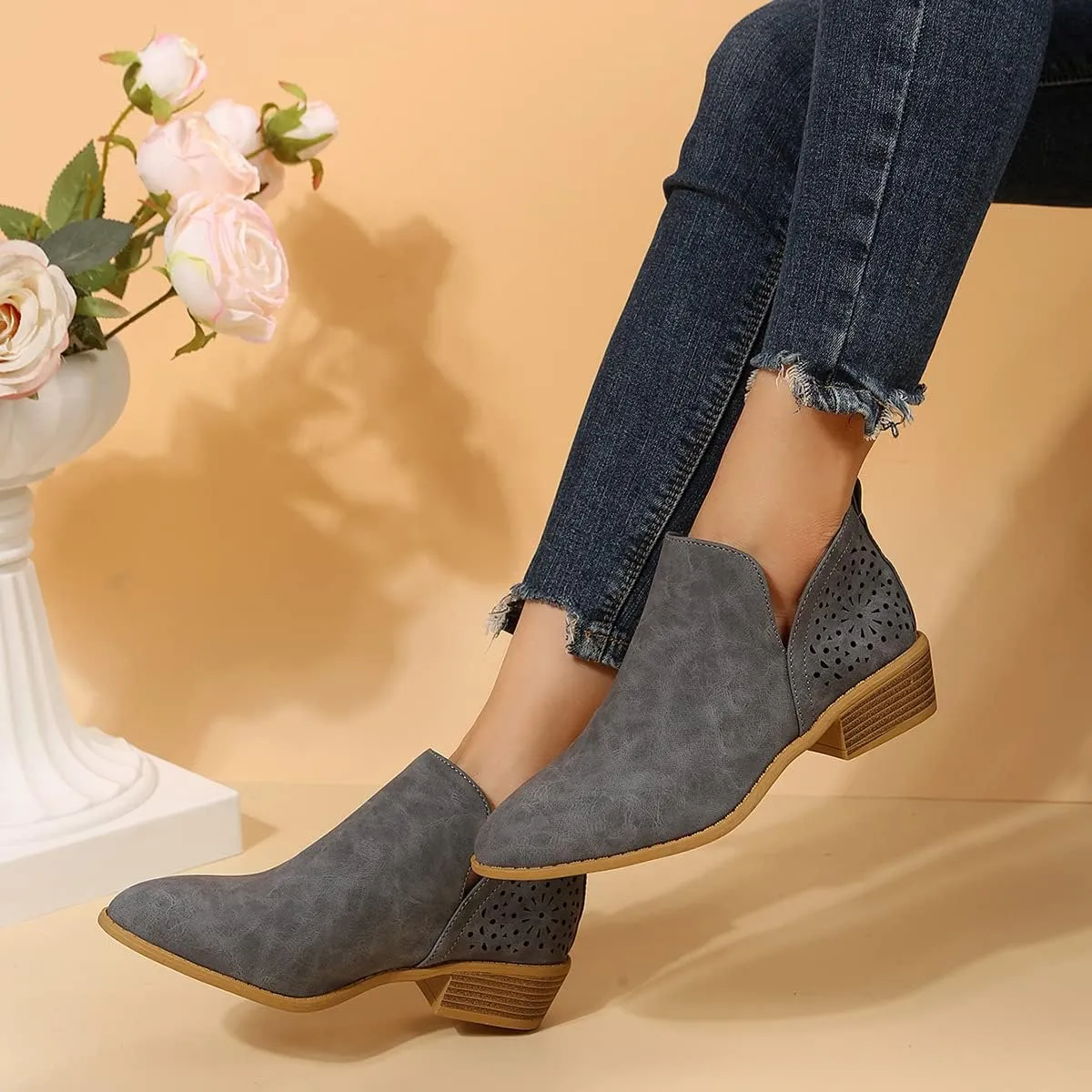 JITUUE Ankle Boots for women Casual Cut Out Slip On Low Heel Short Chunky Stacked Heel Perforated Side V Cut Western Booties Cutout Shoes