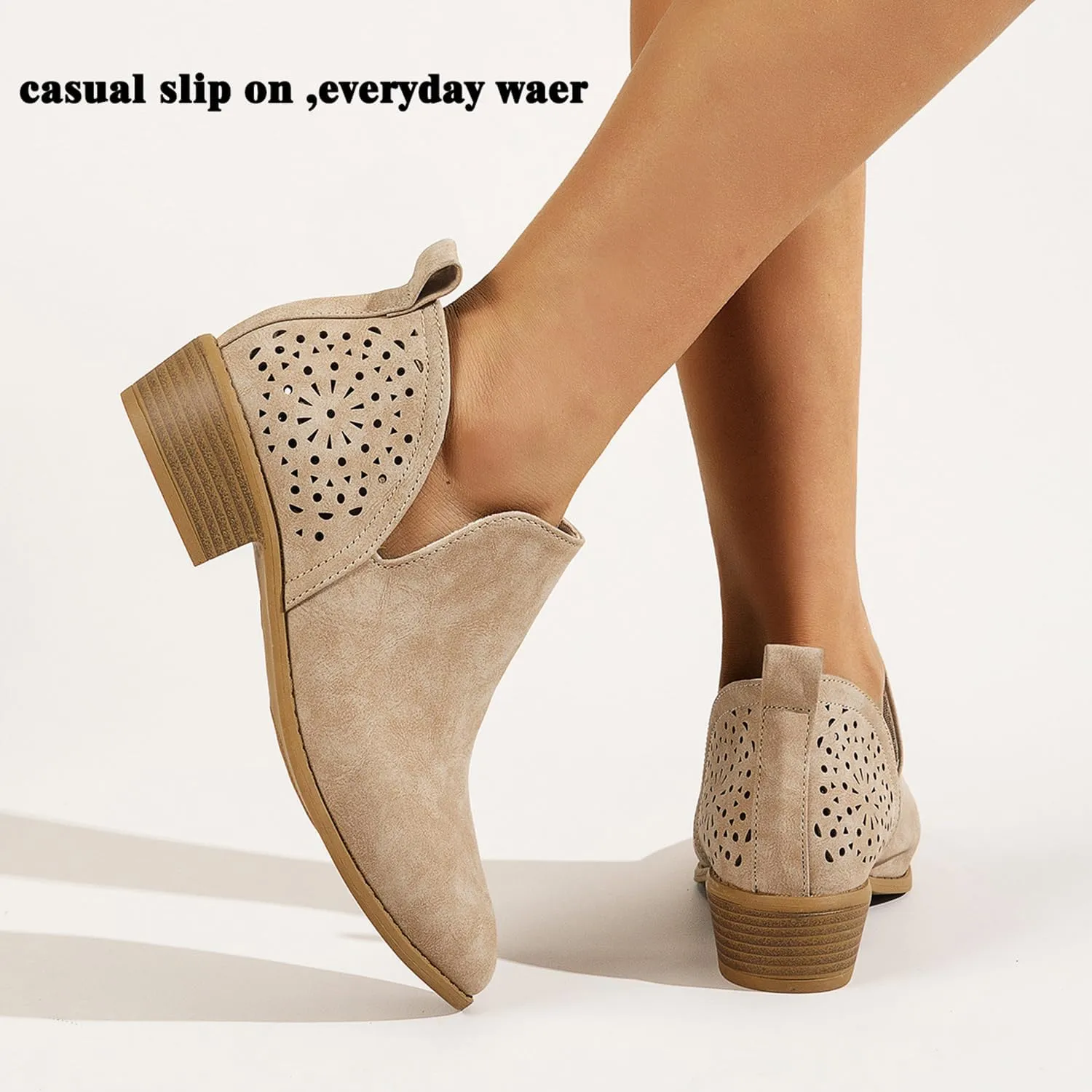 JITUUE Ankle Boots for women Casual Cut Out Slip On Low Heel Short Chunky Stacked Heel Perforated Side V Cut Western Booties Cutout Shoes