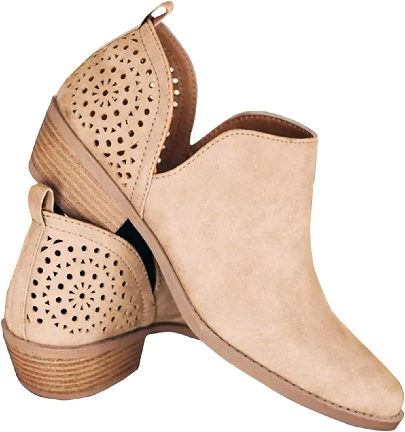 JITUUE Ankle Boots for women Casual Cut Out Slip On Low Heel Short Chunky Stacked Heel Perforated Side V Cut Western Booties Cutout Shoes