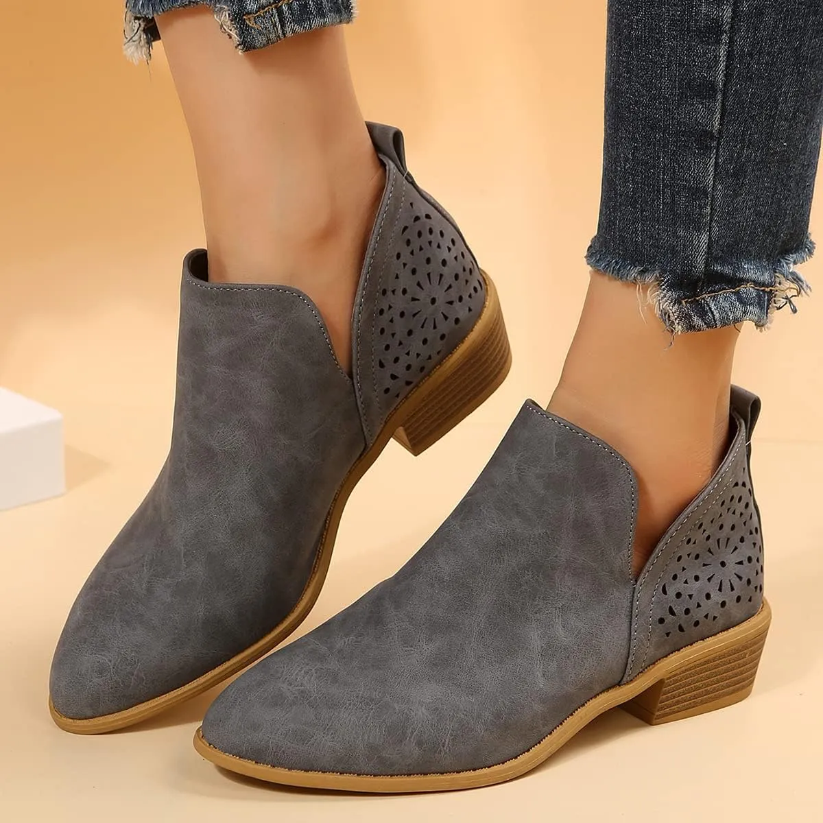 JITUUE Ankle Boots for women Casual Cut Out Slip On Low Heel Short Chunky Stacked Heel Perforated Side V Cut Western Booties Cutout Shoes