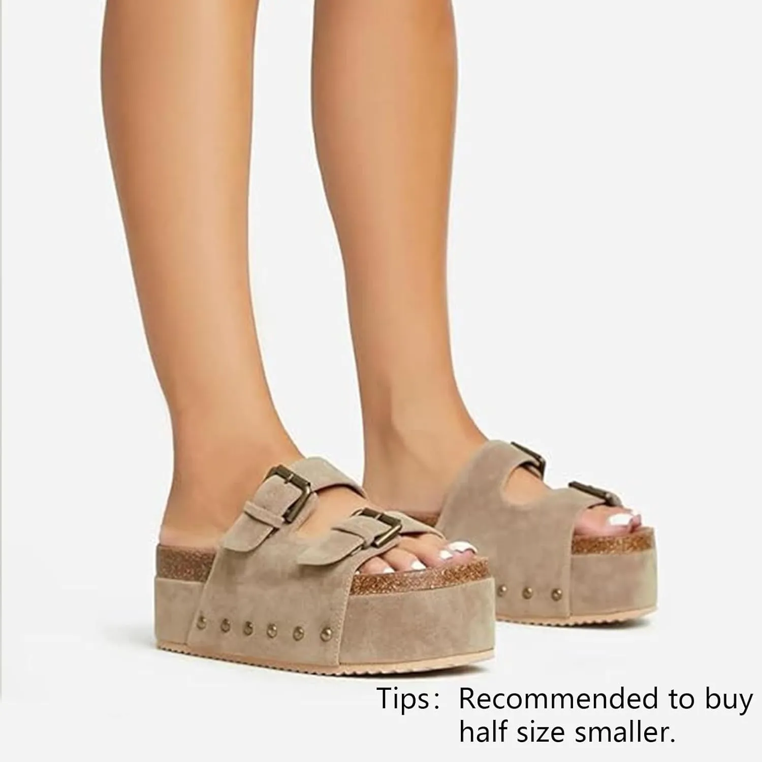 JORISTIMO Women's Cork Flatform Sandals Dual Buckled Band Suede Clogs Platform Slip On Sandals