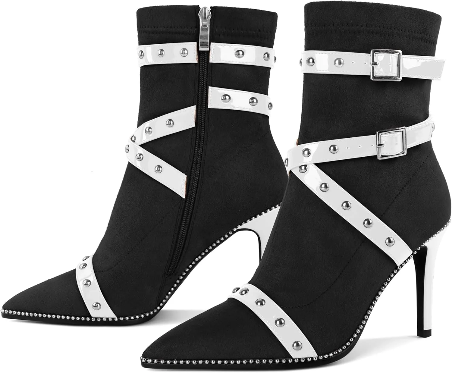 Joseywade Womens Ankle Booties 3.7 Inch Heel High Stiletto Boots Beaded Studded Pointed Toe Side Zipper Boots Size 5-13