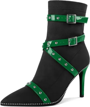 Joseywade Womens Ankle Booties 3.7 Inch Heel High Stiletto Boots Beaded Studded Pointed Toe Side Zipper Boots Size 5-13