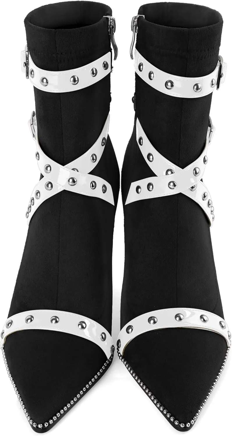 Joseywade Womens Ankle Booties 3.7 Inch Heel High Stiletto Boots Beaded Studded Pointed Toe Side Zipper Boots Size 5-13